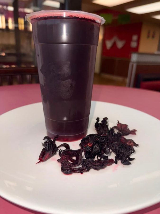 Agua de jamaica hibiscus tea with dried hibiscus flowers