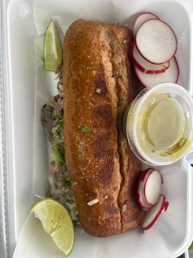 Torta on toasted bread with lime, radish and salsa